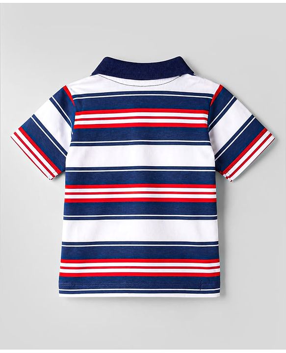 Babyhug Cotton Knit Striped Polo T-Shirt with Number Embroidered  - Navy