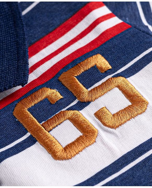 Babyhug Cotton Knit Striped Polo T-Shirt with Number Embroidered  - Navy