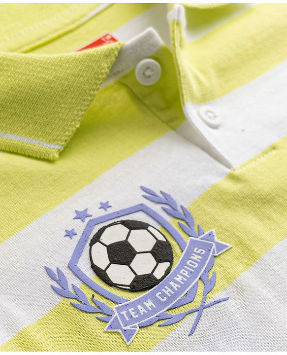 Babyhug 100% Cotton Knit Half Sleeves Striped Polo T-Shirt With Sports Theme Front & Back Print - Multicolor