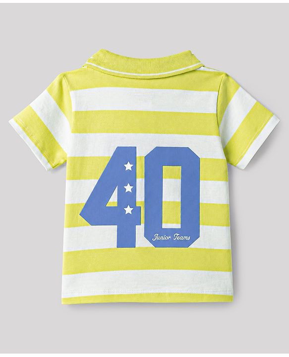 Babyhug 100% Cotton Knit Half Sleeves Striped Polo T-Shirt With Sports Theme Front & Back Print - Multicolor