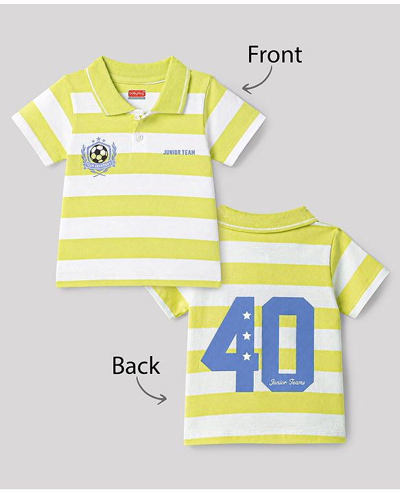 Babyhug 100% Cotton Knit Half Sleeves Striped Polo T-Shirt With Sports Theme Front & Back Print - Multicolor