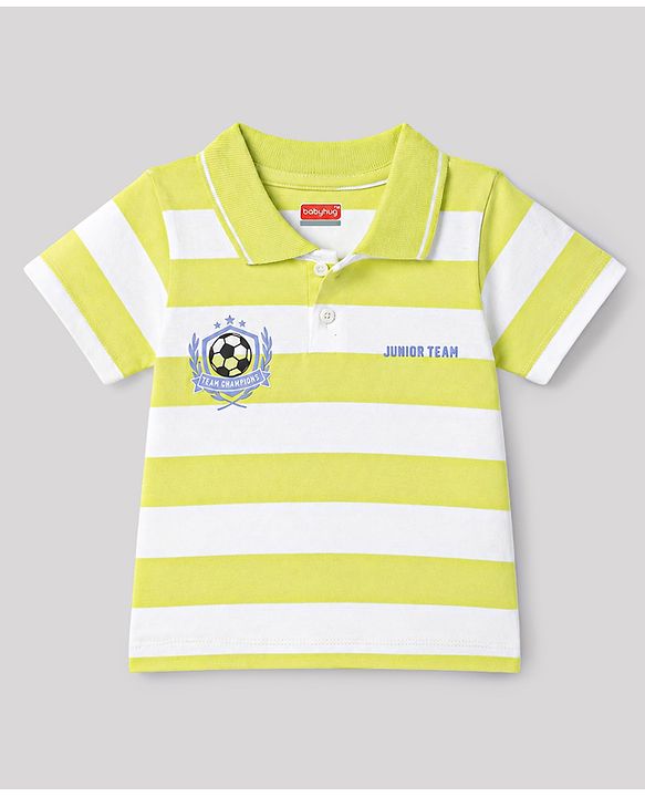 Babyhug 100% Cotton Knit Half Sleeves Striped Polo T-Shirt With Sports Theme Front & Back Print - Multicolor