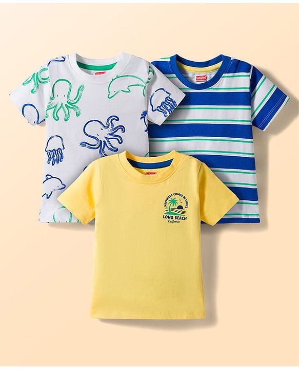Babyhug Cotton Knit Half Sleeves Striped T-Shirts with Beach Theme Print Pack of 3 - Multicolor