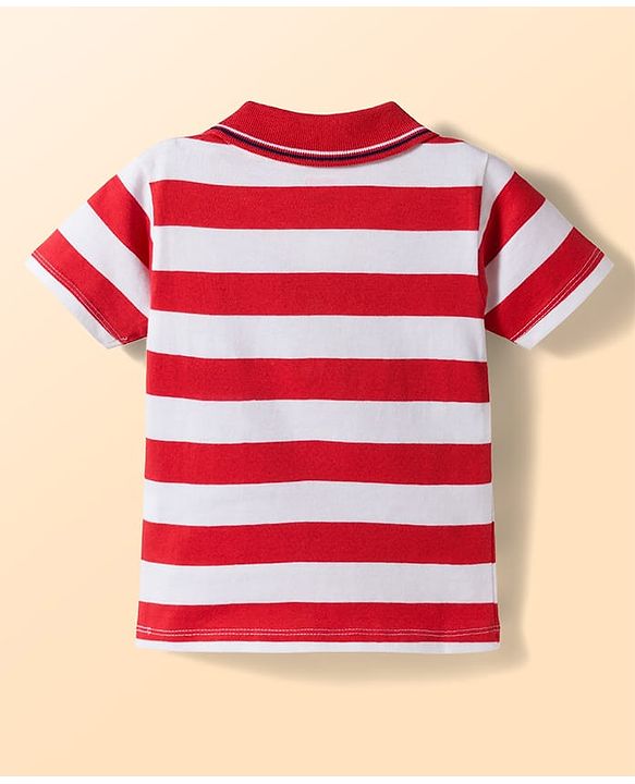 Babyhug Cotton Knit Half Sleeves Striped Polo T-Shirt with Patch Detailing - Multicolor