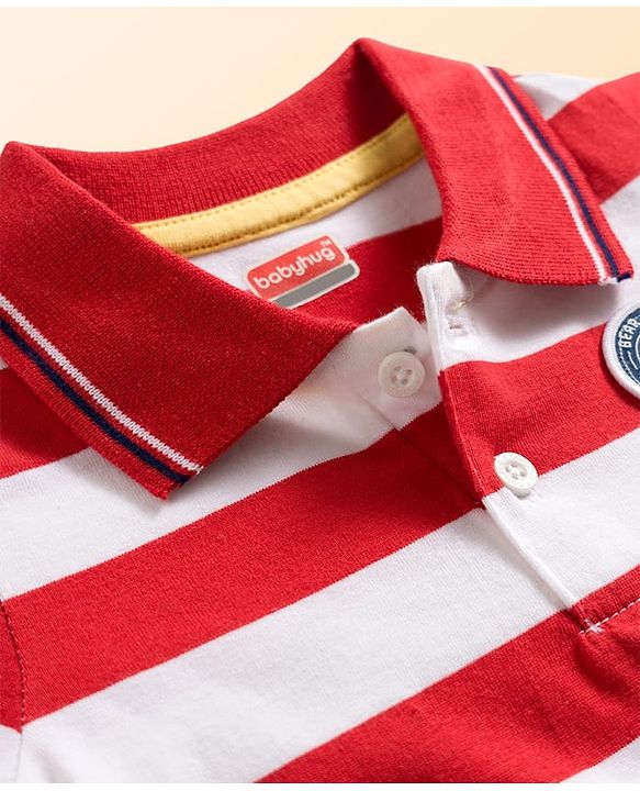 Babyhug Cotton Knit Half Sleeves Striped Polo T-Shirt with Patch Detailing - Multicolor