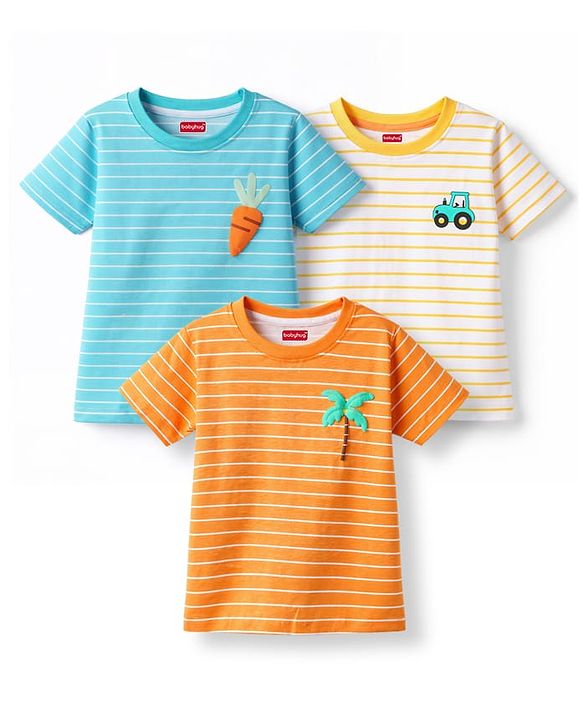 Babyhug Cotton Knit T-Shirts Half Sleeves Striped with Car Carrot & Tree Print Pack of 3 - Multicolor