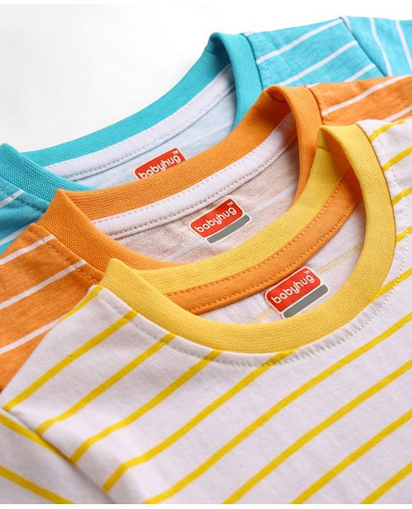 Babyhug Cotton Knit T-Shirts Half Sleeves Striped with Car Carrot & Tree Print Pack of 3 - Multicolor