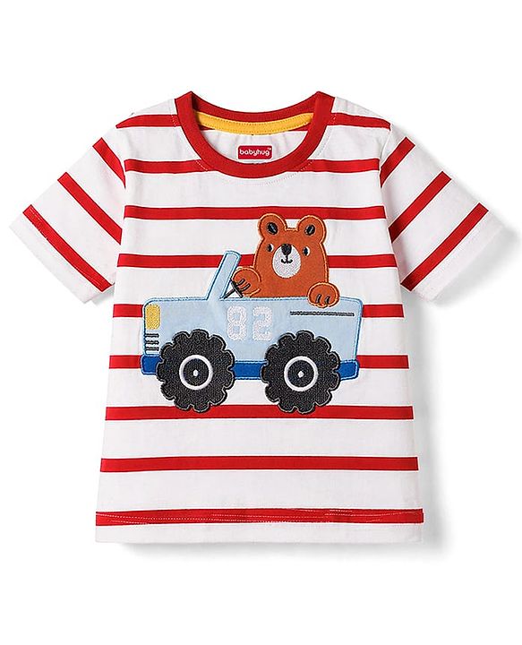 Babyhug Cotton Knit Half Sleeves Striped Tee with Graphics Multi Color 6-9 Months