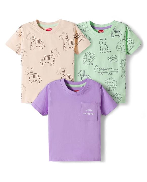 Babyhug Cotton Knit Half Sleeves T-Shirts with Animal Print Pack of 3 - Multicolor