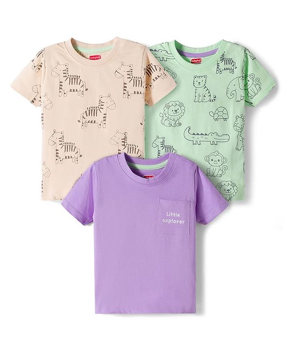 Babyhug Cotton Knit Half Sleeves T-Shirts with Animal Print Pack of 3 - Multicolor