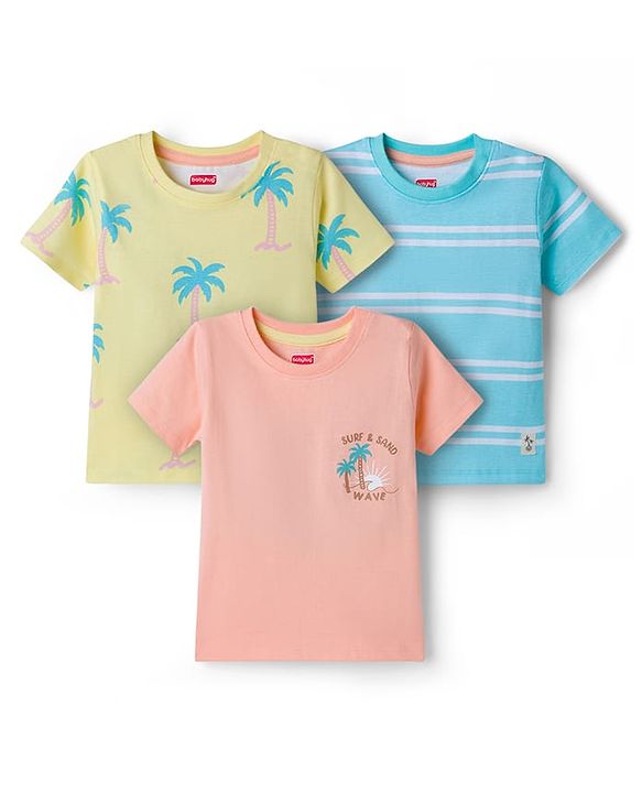 Babyhug Cotton Knit Half Sleeves Striped T-Shirts with Beach Theme Graphic Pack of 3 - Multicolor