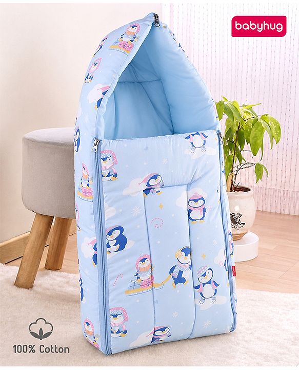 Babyhug 100% Cotton Sleeping Bag cum Carry Nest Penguin Print - Blue| Soft & Cozy| Light Weight & Easy to Carry| Travel Friendly| Easy Zipper Closure| New Born Essential| Washable| Gifting Option