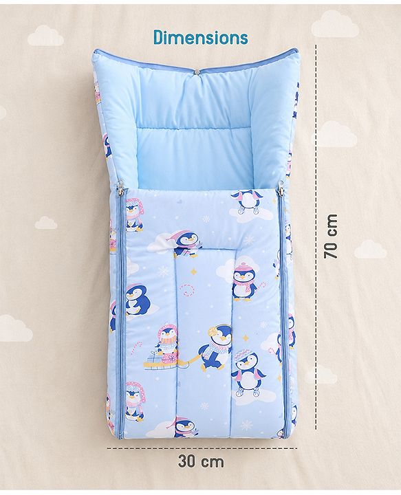 Babyhug 100% Cotton Sleeping Bag cum Carry Nest Penguin Print - Blue| Soft & Cozy| Light Weight & Easy to Carry| Travel Friendly| Easy Zipper Closure| New Born Essential| Washable| Gifting Option