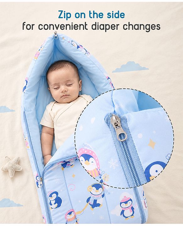 Babyhug 100% Cotton Sleeping Bag cum Carry Nest Penguin Print - Blue| Soft & Cozy| Light Weight & Easy to Carry| Travel Friendly| Easy Zipper Closure| New Born Essential| Washable| Gifting Option