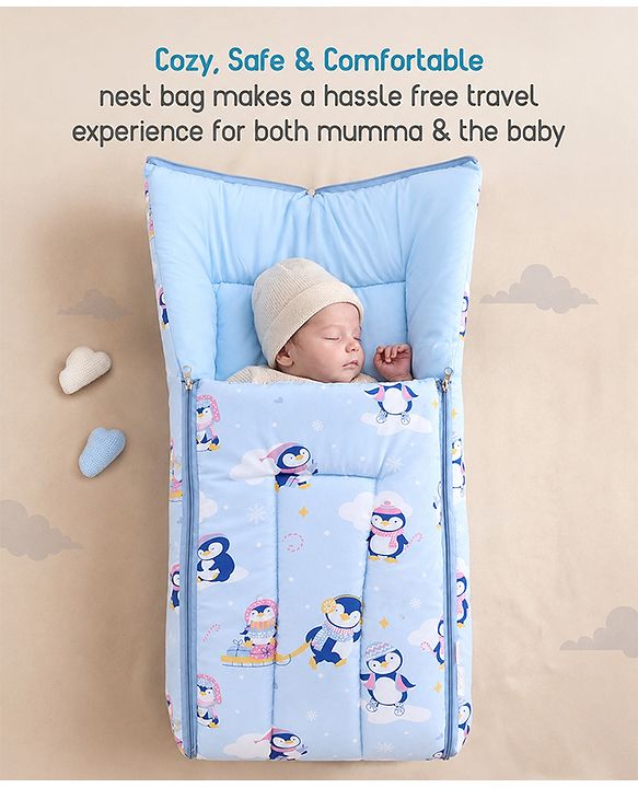 Babyhug 100% Cotton Sleeping Bag cum Carry Nest Penguin Print - Blue| Soft & Cozy| Light Weight & Easy to Carry| Travel Friendly| Easy Zipper Closure| New Born Essential| Washable| Gifting Option