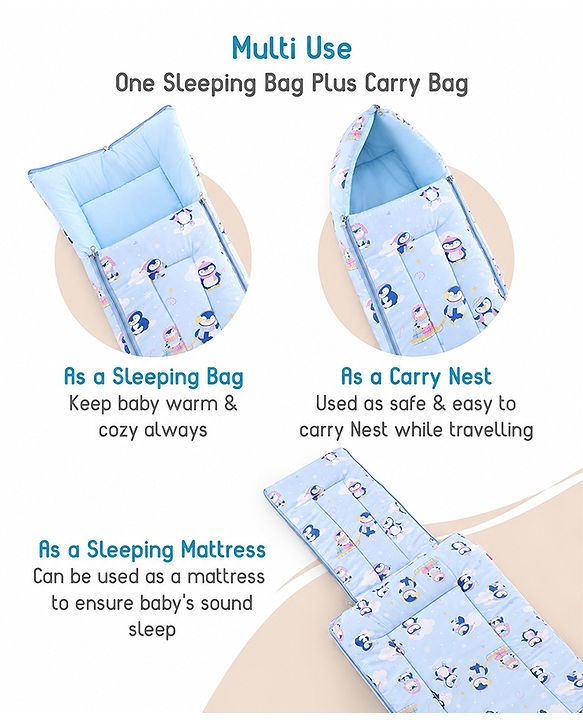 Babyhug 100% Cotton Sleeping Bag cum Carry Nest Penguin Print - Blue| Soft & Cozy| Light Weight & Easy to Carry| Travel Friendly| Easy Zipper Closure| New Born Essential| Washable| Gifting Option