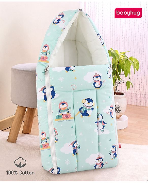 Babyhug 100% Cotton Sleeping Bag cum Carry Nest Penguin Print - Blue| Soft & Cozy| Light Weight & Easy to Carry| Travel Friendly| Easy Zipper Closure| New Born Essential| Washable| Gifting Option