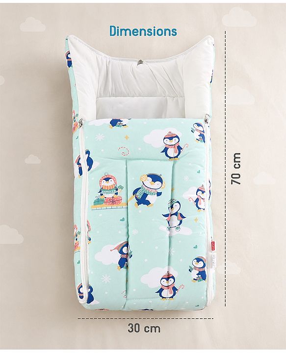 Babyhug 100% Cotton Sleeping Bag cum Carry Nest Penguin Print - Blue| Soft & Cozy| Light Weight & Easy to Carry| Travel Friendly| Easy Zipper Closure| New Born Essential| Washable| Gifting Option