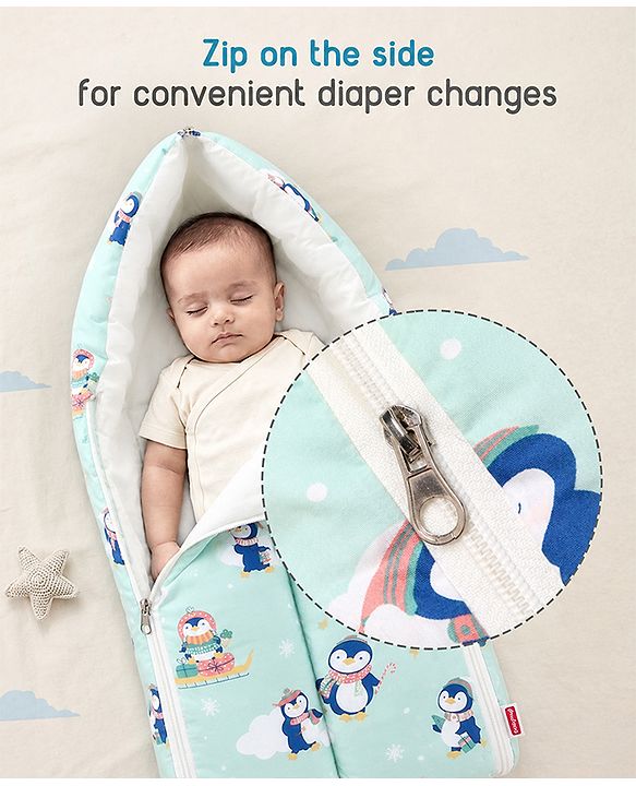 Babyhug 100% Cotton Sleeping Bag cum Carry Nest Penguin Print - Blue| Soft & Cozy| Light Weight & Easy to Carry| Travel Friendly| Easy Zipper Closure| New Born Essential| Washable| Gifting Option