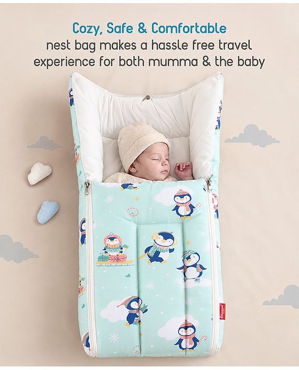 Babyhug 100% Cotton Sleeping Bag cum Carry Nest Penguin Print - Blue| Soft & Cozy| Light Weight & Easy to Carry| Travel Friendly| Easy Zipper Closure| New Born Essential| Washable| Gifting Option