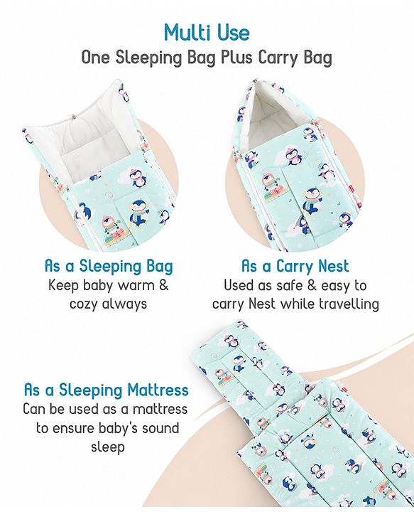 Babyhug 100% Cotton Sleeping Bag cum Carry Nest Penguin Print - Blue| Soft & Cozy| Light Weight & Easy to Carry| Travel Friendly| Easy Zipper Closure| New Born Essential| Washable| Gifting Option