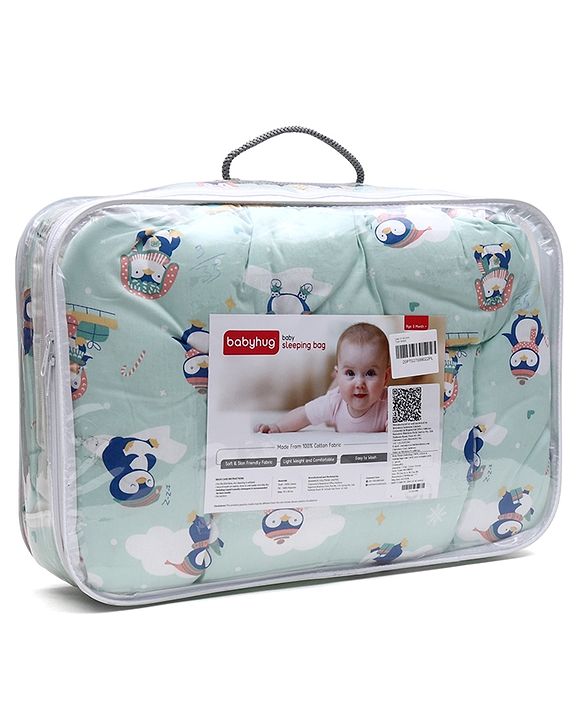 Babyhug 100% Cotton Sleeping Bag cum Carry Nest Penguin Print - Blue| Soft & Cozy| Light Weight & Easy to Carry| Travel Friendly| Easy Zipper Closure| New Born Essential| Washable| Gifting Option