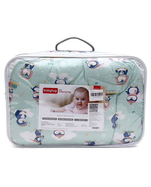 Babyhug 100% Cotton Sleeping Bag cum Carry Nest Penguin Print - Blue| Soft & Cozy| Light Weight & Easy to Carry| Travel Friendly| Easy Zipper Closure| New Born Essential| Washable| Gifting Option