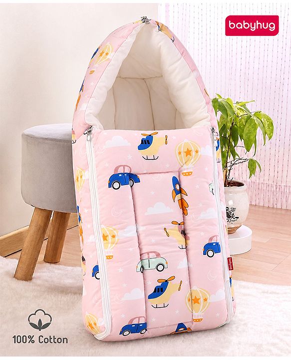 Babyhug 100% Cotton Sleeping Bag cum Carry Nest Penguin Print - Blue| Soft & Cozy| Light Weight & Easy to Carry| Travel Friendly| Easy Zipper Closure| New Born Essential| Washable| Gifting Option