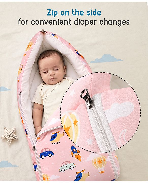 Babyhug 100% Cotton Sleeping Bag cum Carry Nest Penguin Print - Blue| Soft & Cozy| Light Weight & Easy to Carry| Travel Friendly| Easy Zipper Closure| New Born Essential| Washable| Gifting Option