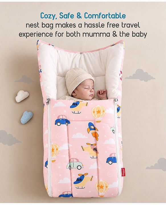 Babyhug 100% Cotton Sleeping Bag cum Carry Nest Penguin Print - Blue| Soft & Cozy| Light Weight & Easy to Carry| Travel Friendly| Easy Zipper Closure| New Born Essential| Washable| Gifting Option