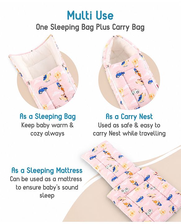 Babyhug 100% Cotton Sleeping Bag cum Carry Nest Penguin Print - Blue| Soft & Cozy| Light Weight & Easy to Carry| Travel Friendly| Easy Zipper Closure| New Born Essential| Washable| Gifting Option