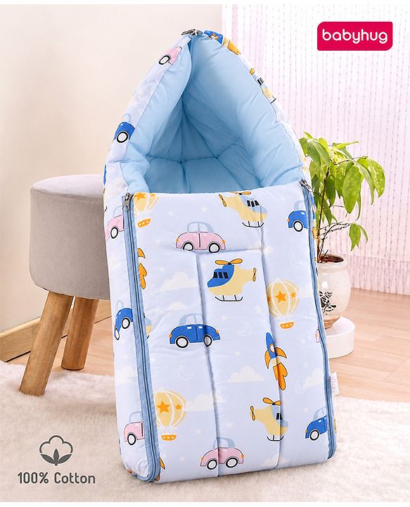 Babyhug 100% Cotton Sleeping Bag cum Carry Nest Penguin Print - Blue| Soft & Cozy| Light Weight & Easy to Carry| Travel Friendly| Easy Zipper Closure| New Born Essential| Washable| Gifting Option