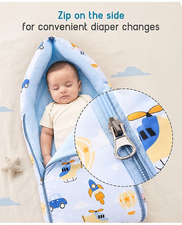 Babyhug 100% Cotton Sleeping Bag cum Carry Nest Penguin Print - Blue| Soft & Cozy| Light Weight & Easy to Carry| Travel Friendly| Easy Zipper Closure| New Born Essential| Washable| Gifting Option