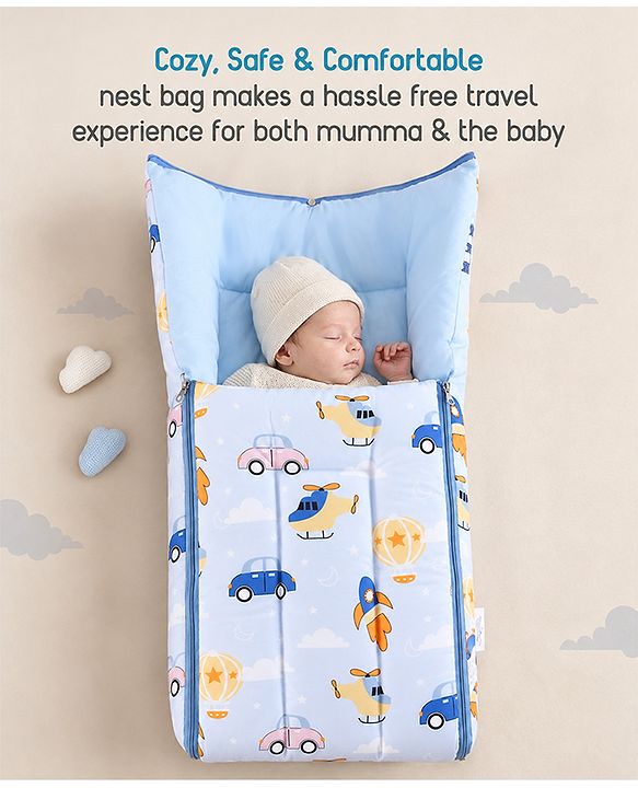 Babyhug 100% Cotton Sleeping Bag cum Carry Nest Penguin Print - Blue| Soft & Cozy| Light Weight & Easy to Carry| Travel Friendly| Easy Zipper Closure| New Born Essential| Washable| Gifting Option