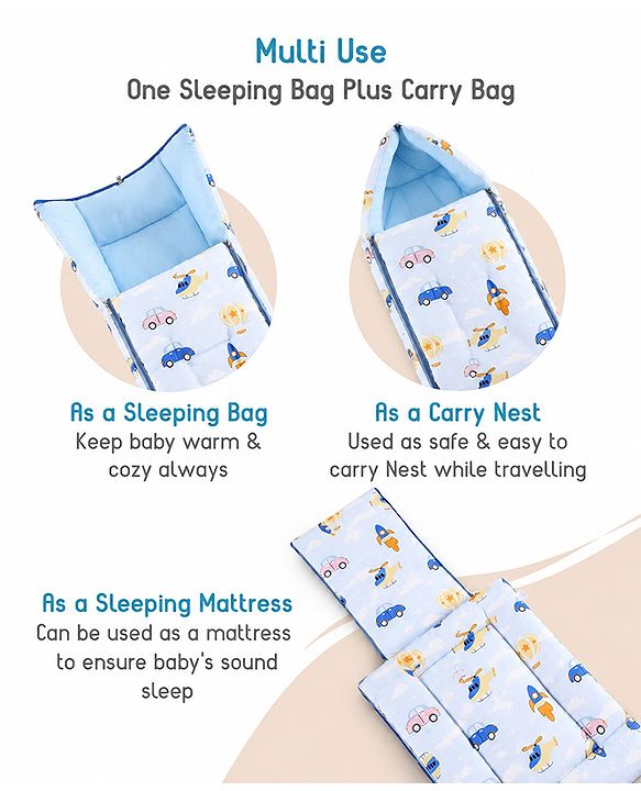 Babyhug 100% Cotton Sleeping Bag cum Carry Nest Penguin Print - Blue| Soft & Cozy| Light Weight & Easy to Carry| Travel Friendly| Easy Zipper Closure| New Born Essential| Washable| Gifting Option