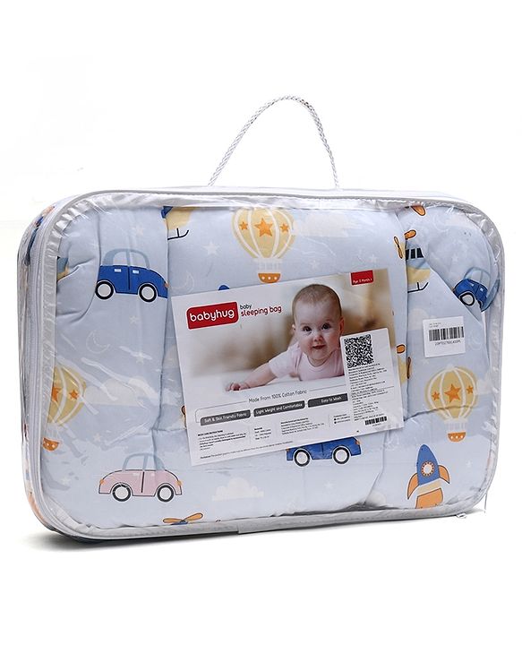 Babyhug 100% Cotton Sleeping Bag cum Carry Nest Penguin Print - Blue| Soft & Cozy| Light Weight & Easy to Carry| Travel Friendly| Easy Zipper Closure| New Born Essential| Washable| Gifting Option