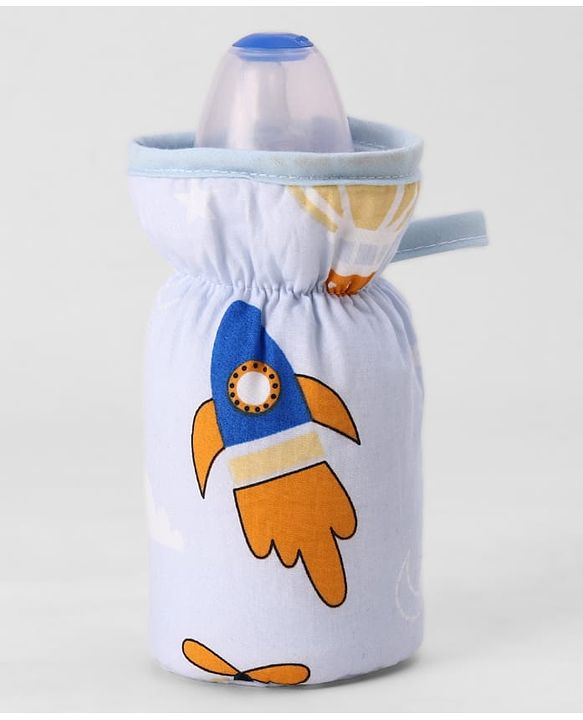 Babyhug Bottle Cover Medium Transport Print - Blue| 0-24 Months| Fits Upto 200 ml Bottle| Soft Cotton Sleeve| Elastic Neck & Carry Loop| Machine Washable| for All Standard Bottles