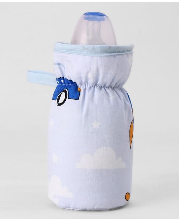 Babyhug Bottle Cover Medium Transport Print - Blue| 0-24 Months| Fits Upto 200 ml Bottle| Soft Cotton Sleeve| Elastic Neck & Carry Loop| Machine Washable| for All Standard Bottles