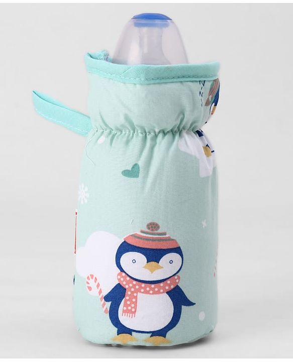 Babyhug Bottle Cover Large Penguin Print - Green| 0-24 Months| Fits Upto 280 ml Bottle| Soft Cotton Sleeve| Elastic Neck & Carry Loop| Machine Washable| for All Standard Bottles