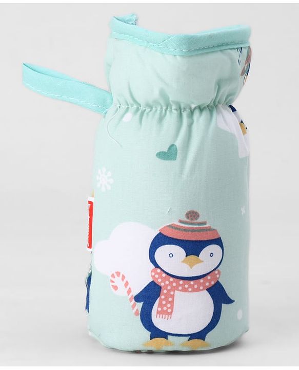 Babyhug Bottle Cover Large Penguin Print - Green| 0-24 Months| Fits Upto 280 ml Bottle| Soft Cotton Sleeve| Elastic Neck & Carry Loop| Machine Washable| for All Standard Bottles