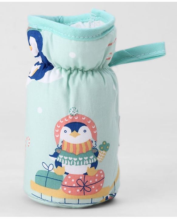 Babyhug Bottle Cover Large Penguin Print - Green| 0-24 Months| Fits Upto 280 ml Bottle| Soft Cotton Sleeve| Elastic Neck & Carry Loop| Machine Washable| for All Standard Bottles