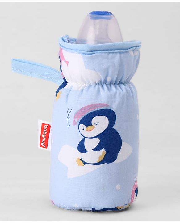 Babyhug Bottle Cover Medium Penguin Print - Blue| 0-24 Months| Fits Upto 200 ml Bottle| Soft Cotton Sleeve| Elastic Neck & Carry Loop| Machine Washable| for All Standard Bottles