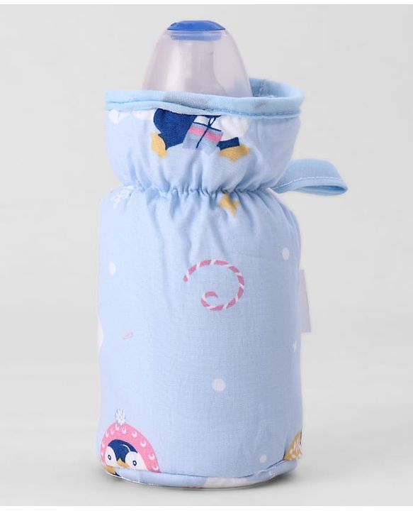 Babyhug Bottle Cover Medium Penguin Print - Blue| 0-24 Months| Fits Upto 200 ml Bottle| Soft Cotton Sleeve| Elastic Neck & Carry Loop| Machine Washable| for All Standard Bottles