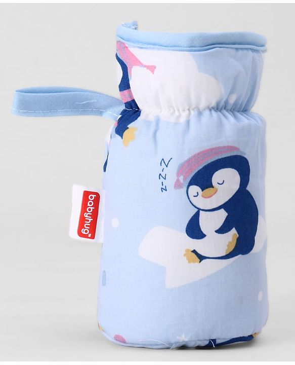 Babyhug Bottle Cover Medium Penguin Print - Blue| 0-24 Months| Fits Upto 200 ml Bottle| Soft Cotton Sleeve| Elastic Neck & Carry Loop| Machine Washable| for All Standard Bottles