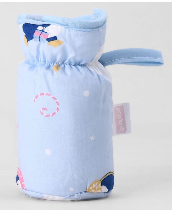 Babyhug Bottle Cover Medium Penguin Print - Blue| 0-24 Months| Fits Upto 200 ml Bottle| Soft Cotton Sleeve| Elastic Neck & Carry Loop| Machine Washable| for All Standard Bottles