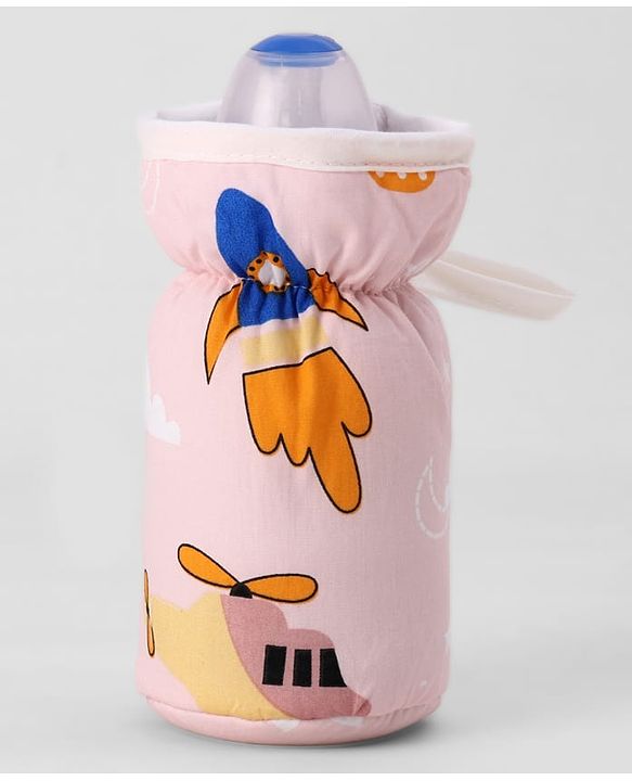 Babyhug Bottle Cover Medium Transport Print - Peach| 0-24 Months| Fits Upto 200 ml Bottle| Soft Cotton Sleeve| Elastic Neck & Carry Loop| Machine Washable| for All Standard Bottles