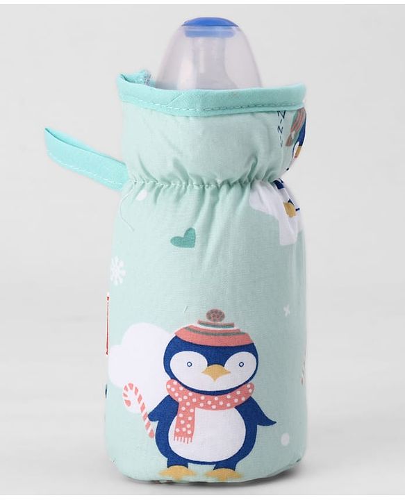 Babyhug Bottle Cover Medium Penguin Print - Green| 0-24 Months| Fits Upto 200 ml Bottle| Soft Cotton Sleeve| Elastic Neck & Carry Loop| Machine Washable| for All Standard Bottles