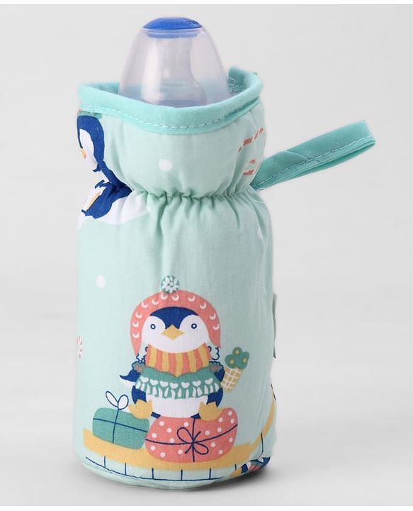 Babyhug Bottle Cover Medium Penguin Print - Green| 0-24 Months| Fits Upto 200 ml Bottle| Soft Cotton Sleeve| Elastic Neck & Carry Loop| Machine Washable| for All Standard Bottles