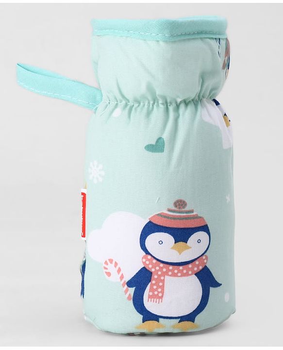 Babyhug Bottle Cover Medium Penguin Print - Green| 0-24 Months| Fits Upto 200 ml Bottle| Soft Cotton Sleeve| Elastic Neck & Carry Loop| Machine Washable| for All Standard Bottles