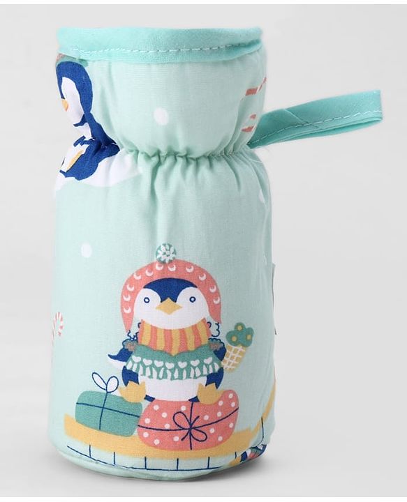Babyhug Bottle Cover Medium Penguin Print - Green| 0-24 Months| Fits Upto 200 ml Bottle| Soft Cotton Sleeve| Elastic Neck & Carry Loop| Machine Washable| for All Standard Bottles